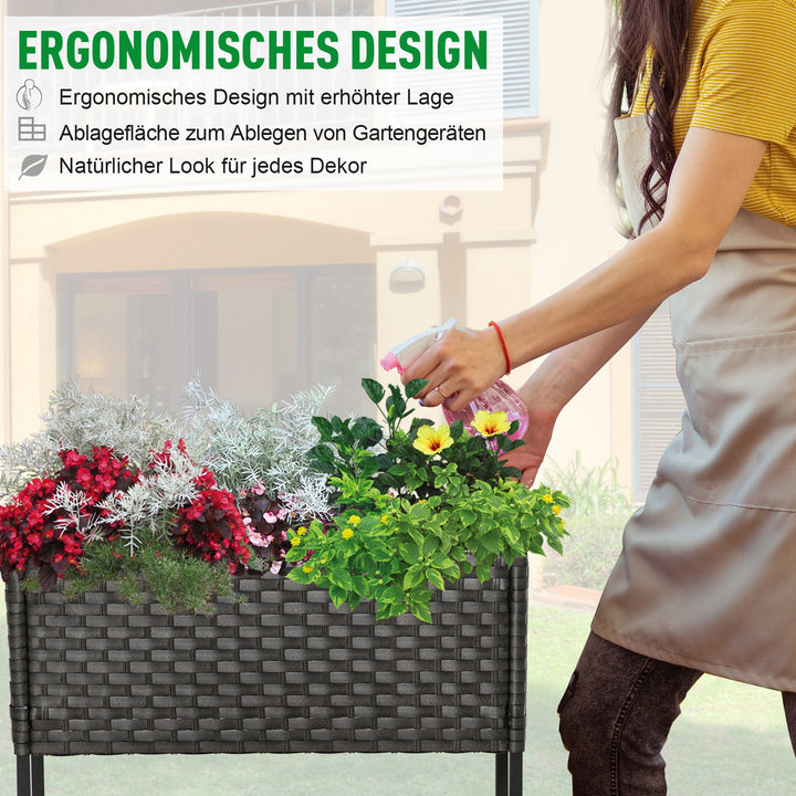 Højbed, blomsterkasse, dyb hylde, metalstel/polyrattan, 70 x 30 x 70 cm, mørkebrun