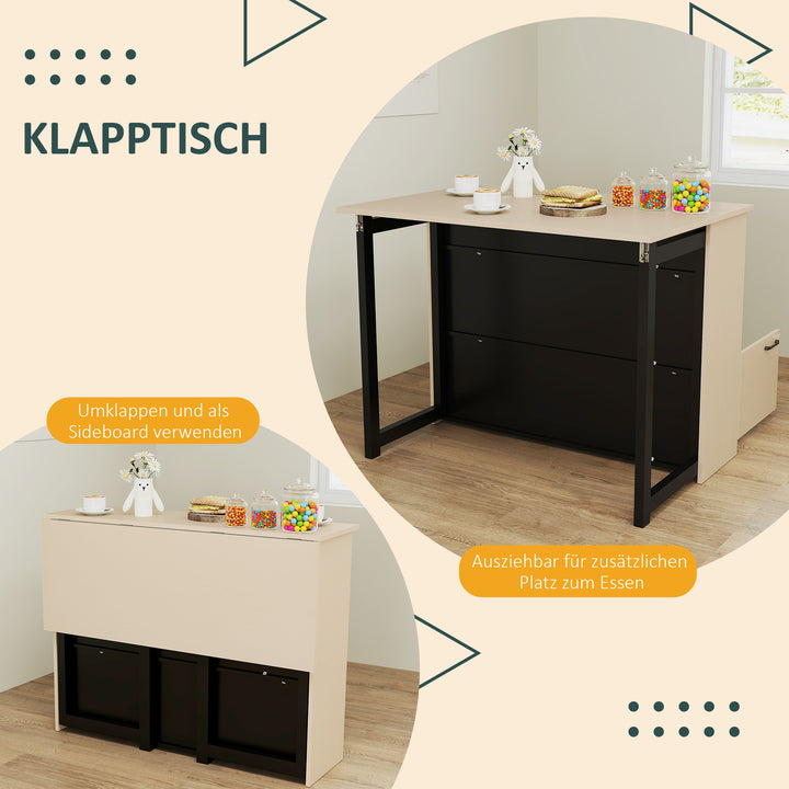 3-Delt barsæt, barbord med foldbar bordplade, 2 barstole, 6 opbevaringsrum, sort + eg, 116 x 70 x 89,5 cm