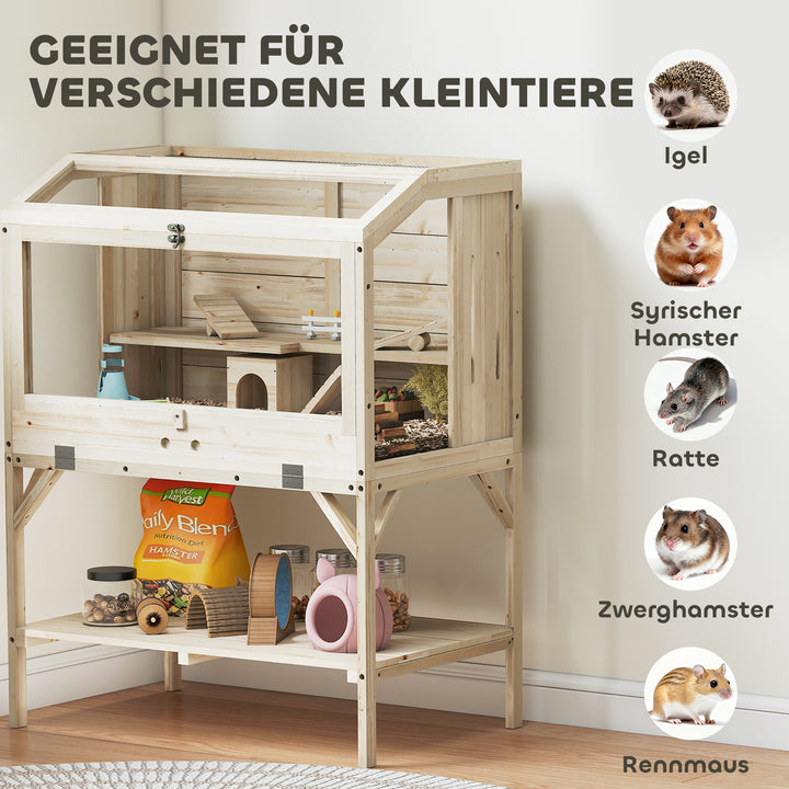 Hamsterbur, 2 niveauer, bur til små dyr med opbevaringsrum, tilbehør, 84 x 53 x 110 cm, naturtræ