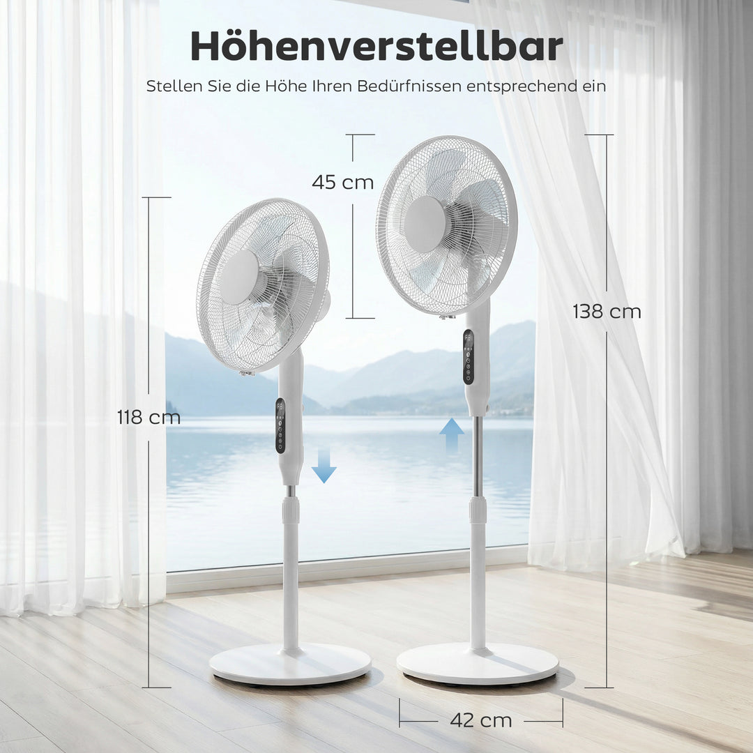 Sokkelventilator med 15-timers timer, 85° oscillation, LED-kontrolpanel, fjernbetjening, hvid