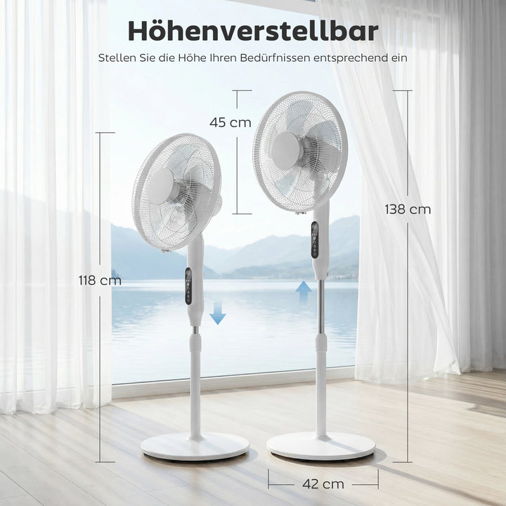 Sokkelventilator med 15-timers timer, 85° oscillation, LED-kontrolpanel, fjernbetjening, hvid