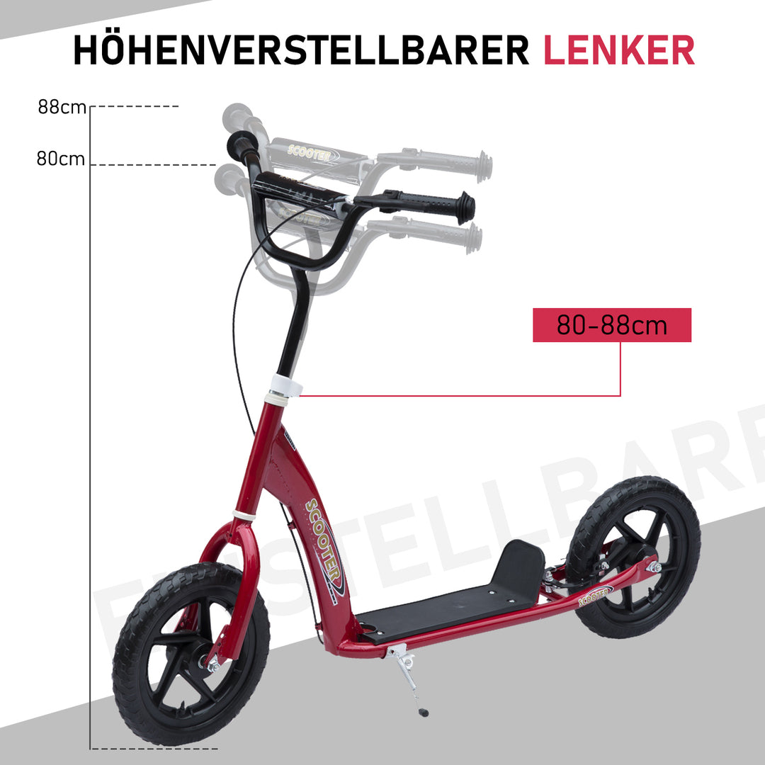 Børneløbehjul med bagbremse, løbehjul, 12 tommer løbehjul, city scooter til børn, kickboard, højdejusterbart, stål, EVA, rød, 120 x 52 x 80-88 cm
