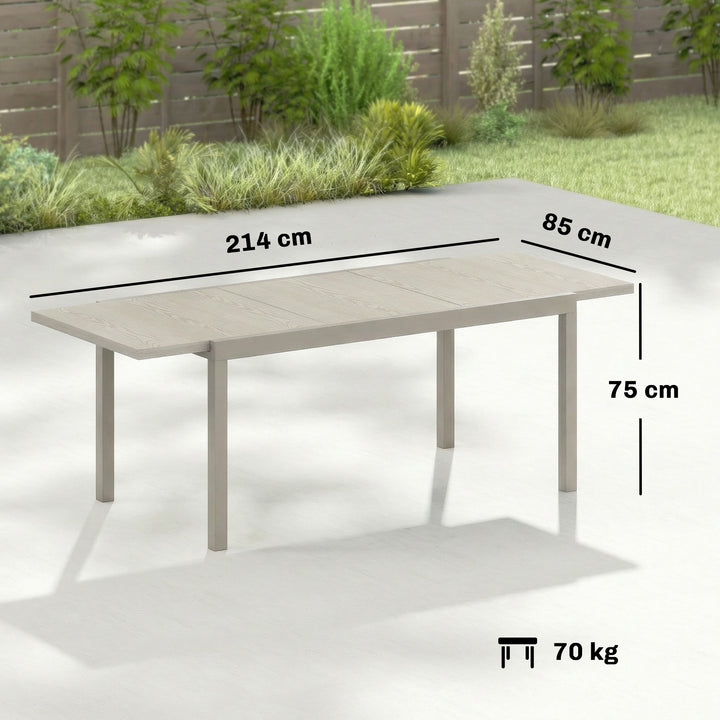 Udtrækkeligt havebord 154/214 x 85 cm, aluminiums spisebord til 8-10 personer med trælook, lysegrå
