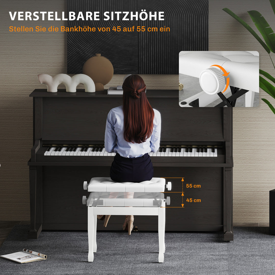 Højdejusterbar klaverstol/bænk med kunstlæderhynde til klaver og keyboard, 64 x 35 x 45-55 cm, hvid