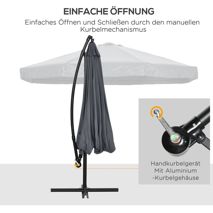 Fritstående parasol Ø3m, drejelig, håndsving, rustfrit stål, polyester, mørkegrå/sort