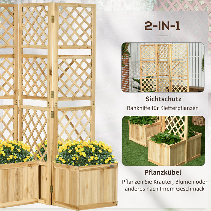 Foldeskærm, privatlivsskærm til haven, tredobbelt foldbar, 4 blomsterkasser, massivt træ, naturlig farve, 133 x 62 x 165 cm