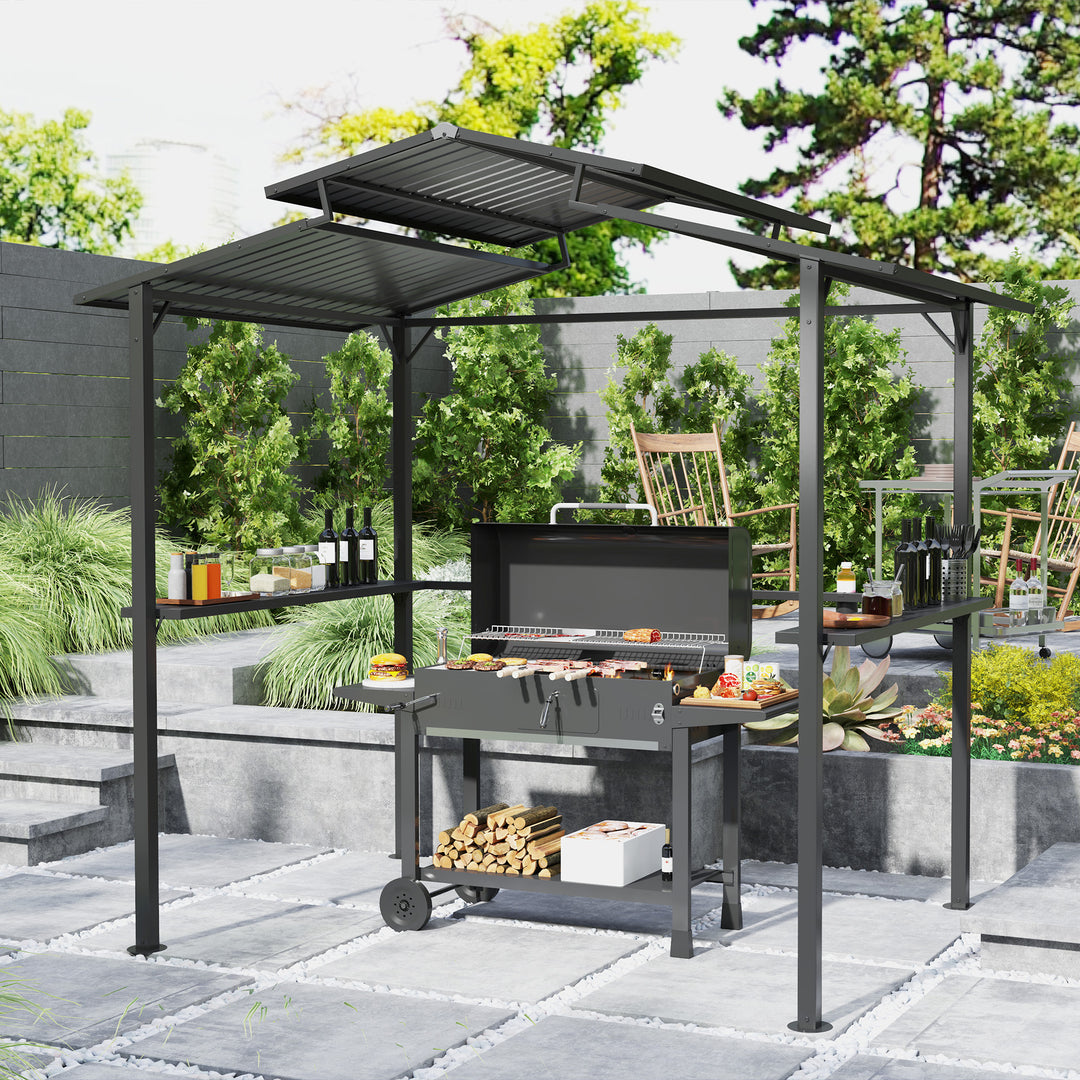 Grillpavillon 250 x 160 x 250 cm, vandtæt havepavillon med dobbeltlagstag og sidehylder, sort