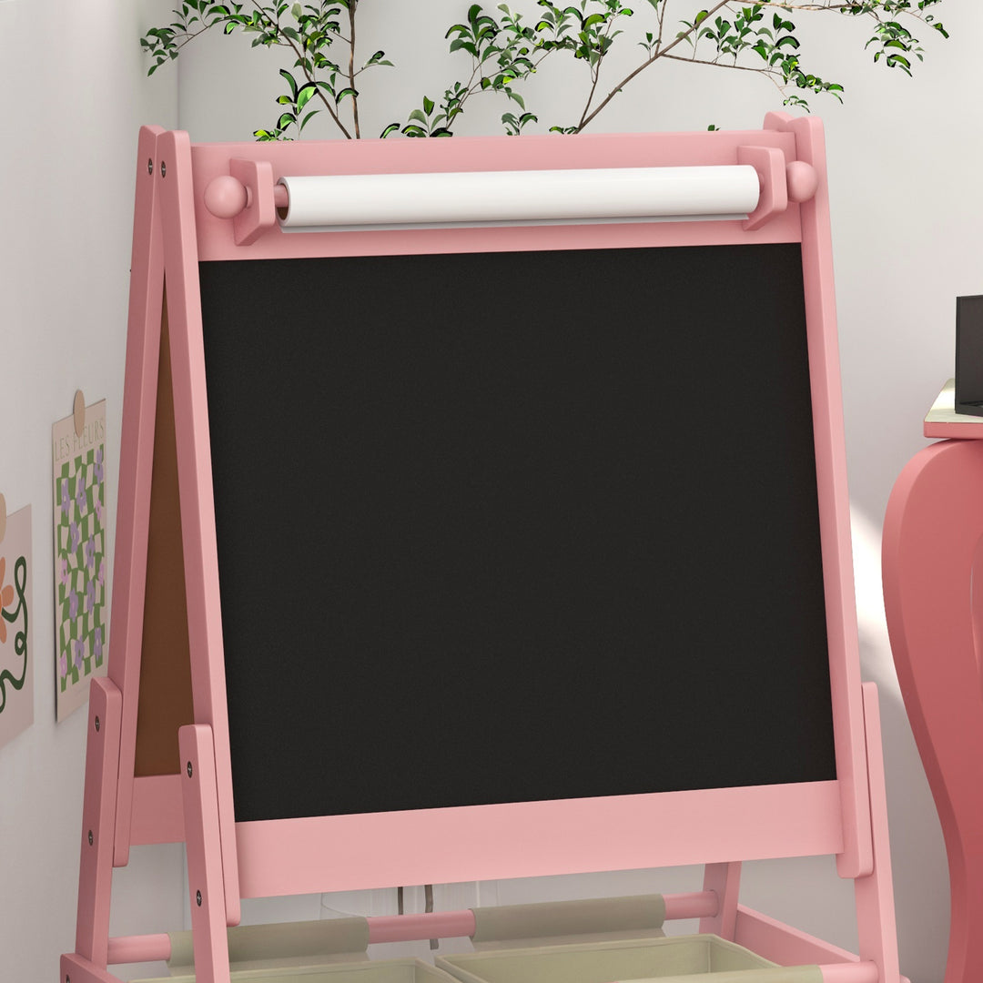 3-i-1 børnestaffeli med papirrulle, tavle, whiteboard, opbevaringskurve, 54 x 46,5 x 93 cm, lyserød