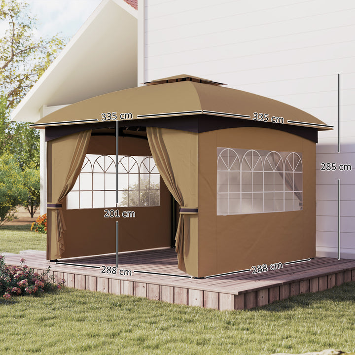 3,4 X 3,4 m havepavillon, øltelt med ventileret tag, buede vinduer, stålramme, beige