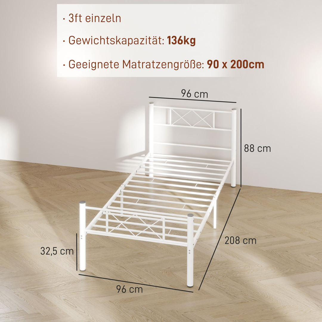 Enkeltsengestel med høj hovedgærde, nem montering, opbevaring under sengen, stål, hvid