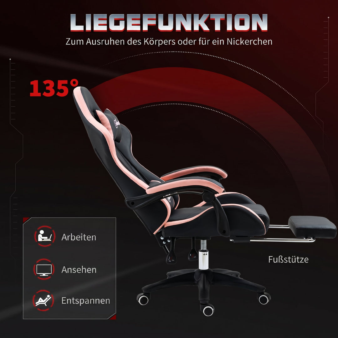 Kontorstol, gamingstol, 1 nakkestøtte, 1 lændestøtte, pink + sort
