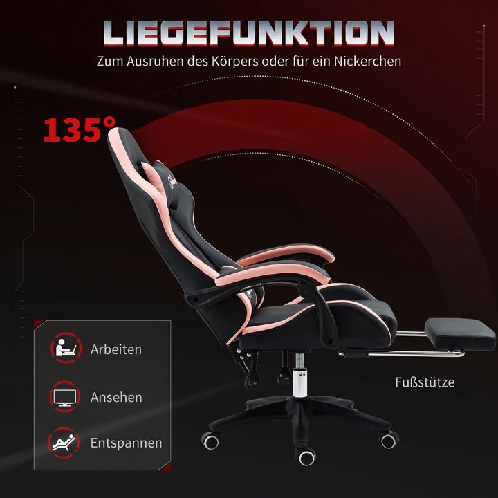 Kontorstol, gamingstol, 1 nakkestøtte, 1 lændestøtte, pink + sort