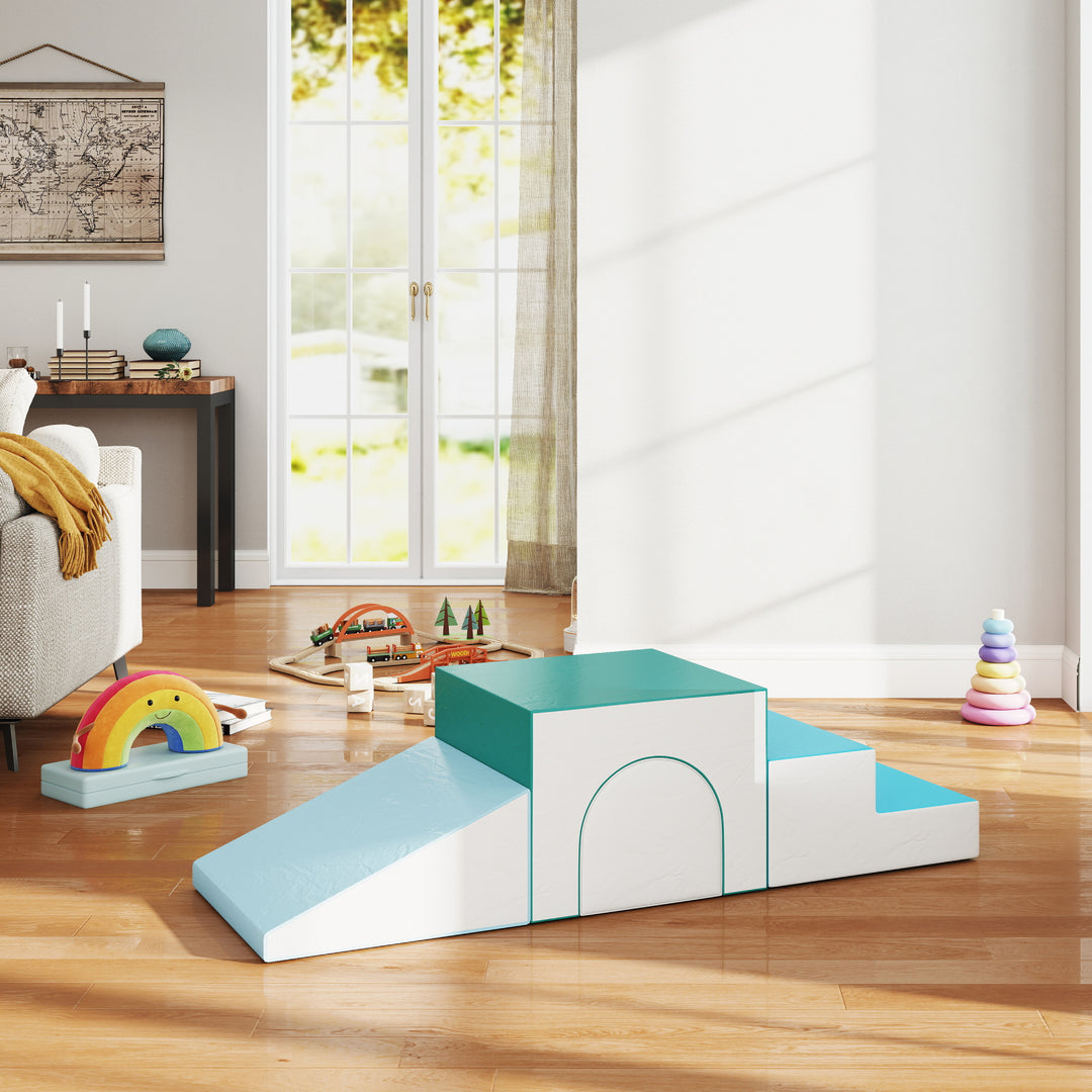 Byggeklodssæt med 4 skumbyggeklodser, nem rengøring, bløde fyldskumklodser til 1-3 år gamle børn, epe lysegrå + blå + grøn, 150 x 50 x 39 cm