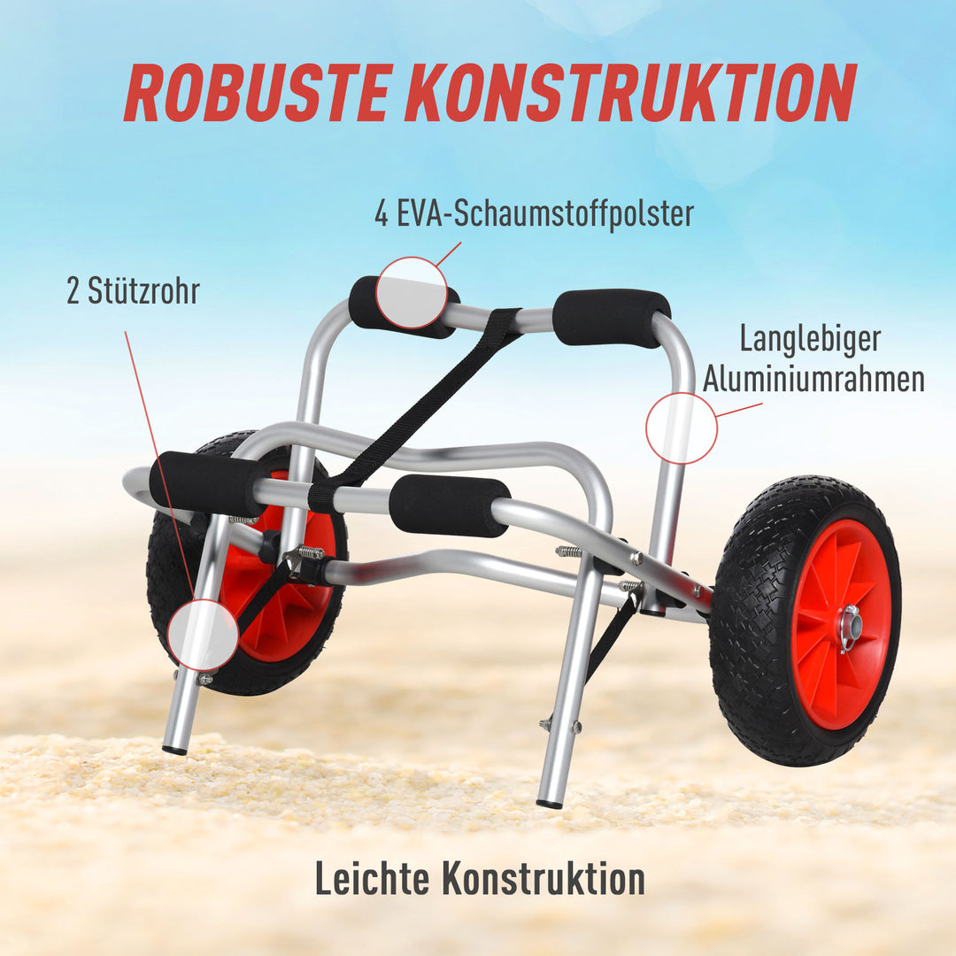 Aluminium kanovogn, kajakvogn, surfvogn, foldbar med rem, kunstlæderhjul, sølv, op til 75 kg, 68 x 44,5 x 40 cm