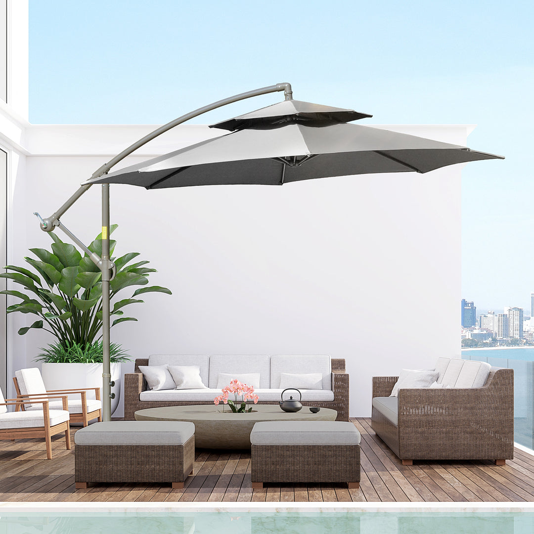 Parasol fritbærende parasol ø2,67 x 2,45 m svingparasol med dobbelt tag krydsfod stål udendørs solbeskyttelse polyester stål lysegrå