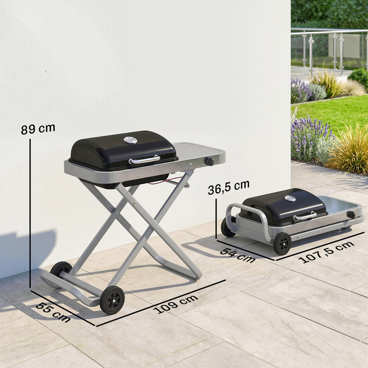 Bærbar gasgrill, 1 brænder, 2,5 kW, grillvogn med foldbar vogn, grillrist, sidebord, låg, termometer
