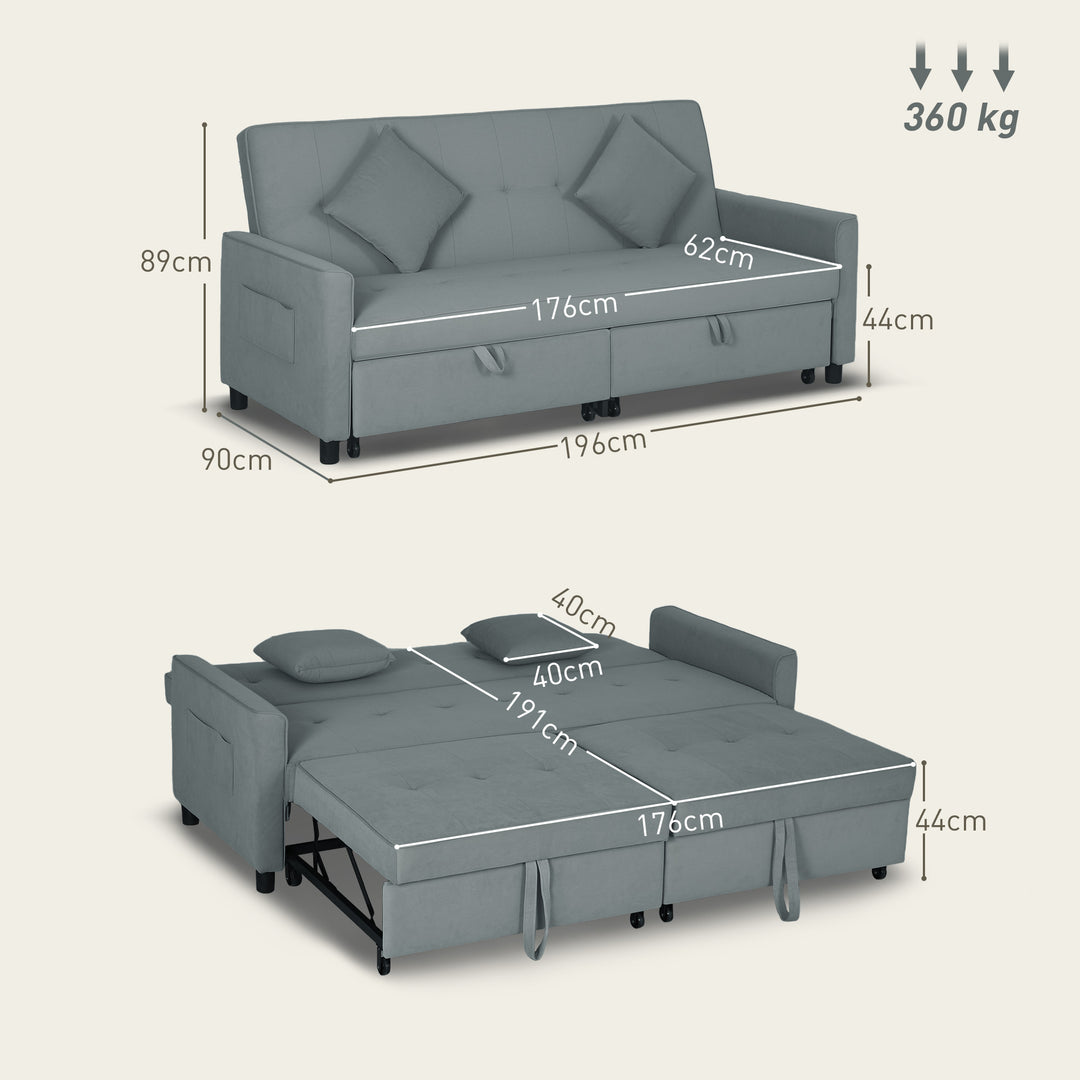 Sovesofa, justerbar 3-personers sofa med sengefunktion, sovesofa med udtræksseng, hynder, grå
