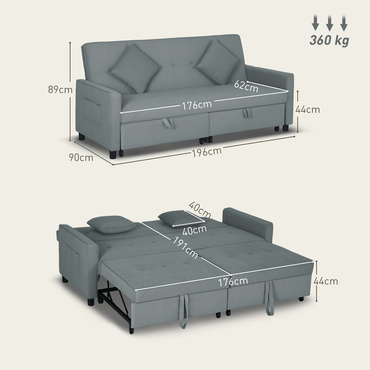 Sovesofa, justerbar 3-personers sofa med sengefunktion, sovesofa med udtræksseng, hynder, grå