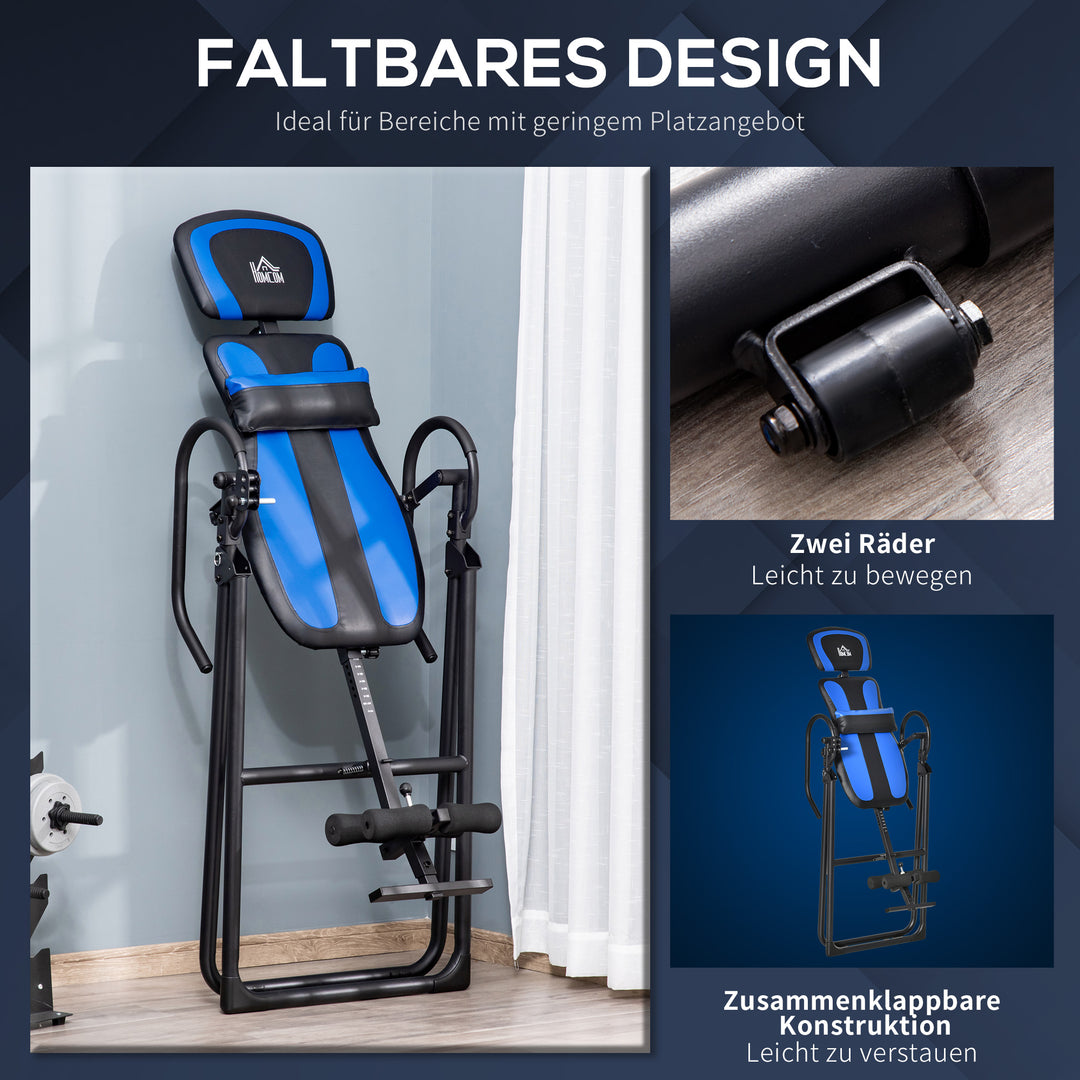 Inversion bench foldbar gravity trainer med to bevægelige hjul rygpude metal abs sort+blå 132 x 71 x 145 cm