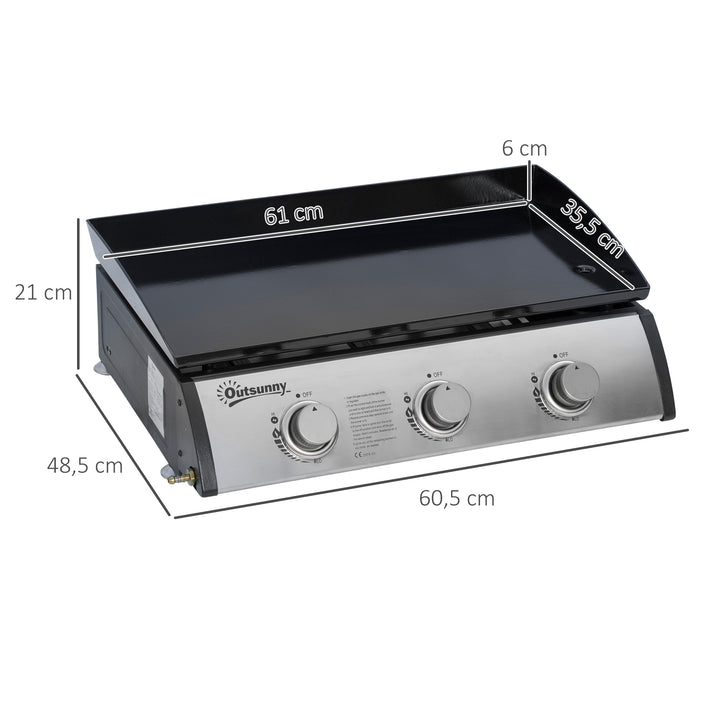 Gasgrill med 3 brændere, slange, non-stick grillplade, rustfrit stål, farve: sølv, 63 x 48 x 21 cm