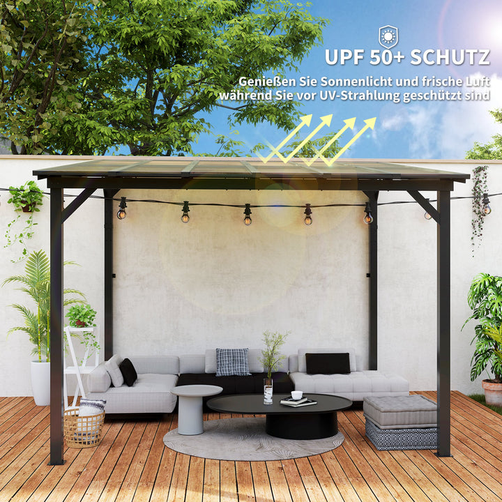 3 x 3 m metalpergola, havepergola med vandtæt tag, fritstående, vindtæt, UV-bestandig, mørkegrå
