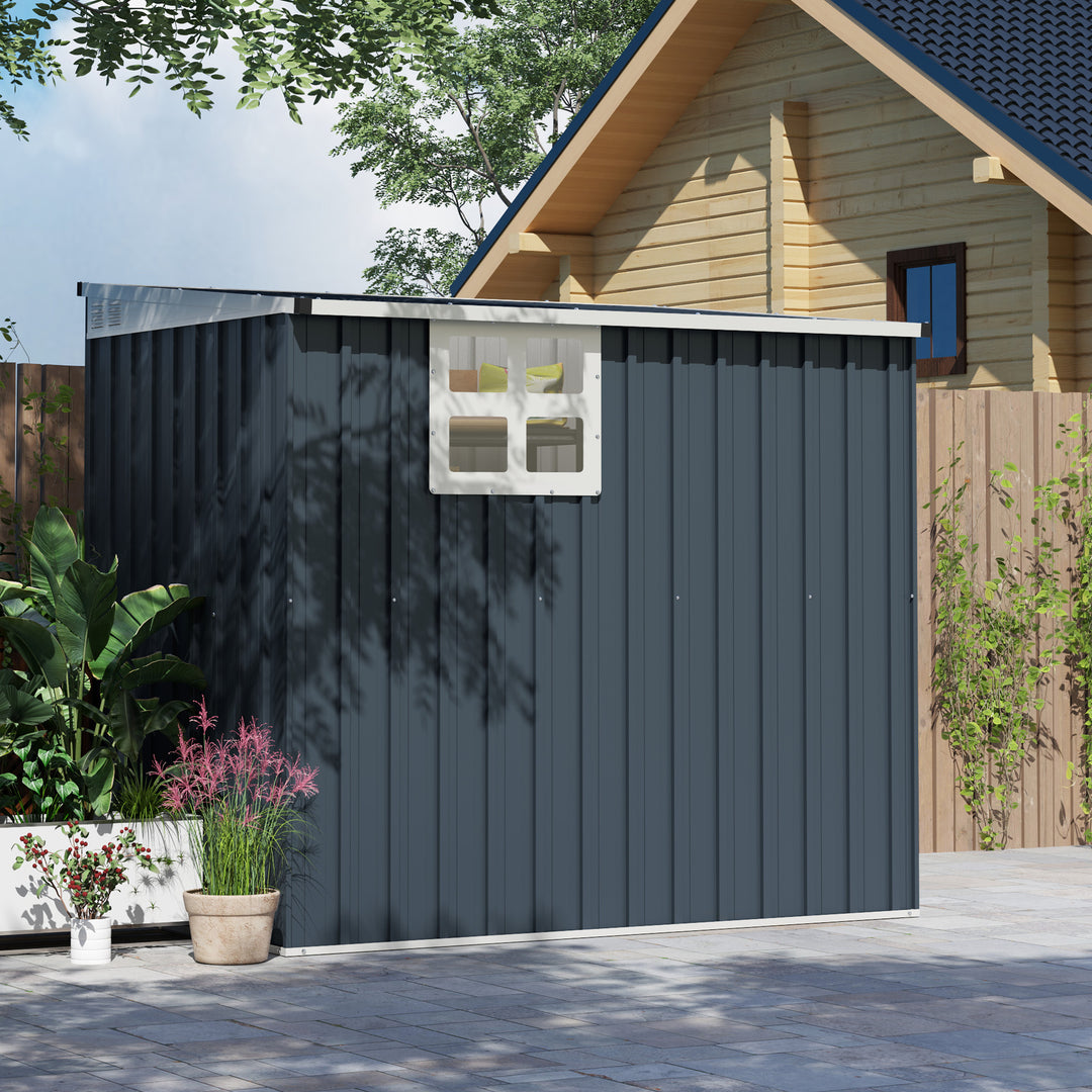Haveskur, redskabsskur til haveredskaber, vinduer, ventilationsåbninger, aflåselig, stål, mørkegrå