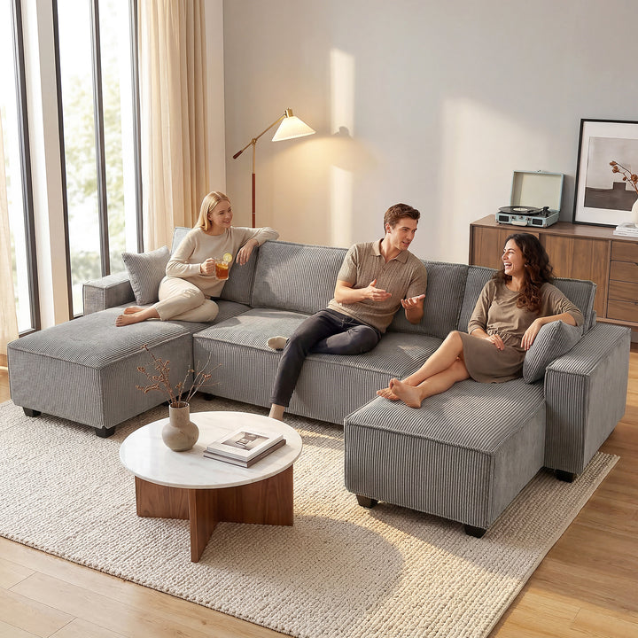 Hjørnesofa med dobbelt chaiselong, U-formet sofa i corduroystof med bredt og dybt sæde, hynder med fjederkerne, lysegrå