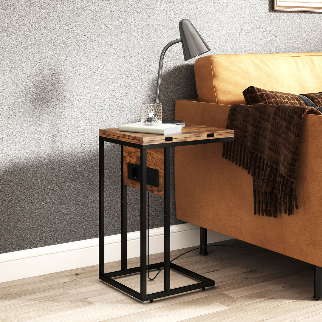 Sammenklappeligt sidebord, ladestation med USB-porte, metal, 39 x 29 x 57 cm, brun