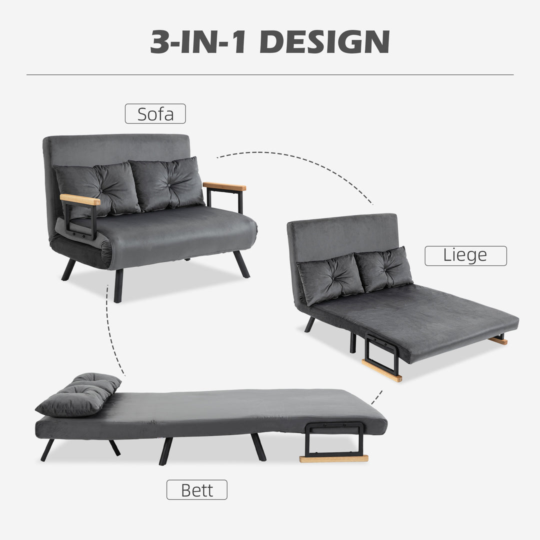2-Personers sovesofa, fløjlsofa, sovefunktion, inklusive 2 puder, fløjlslook, natur + mørkegrå + sort