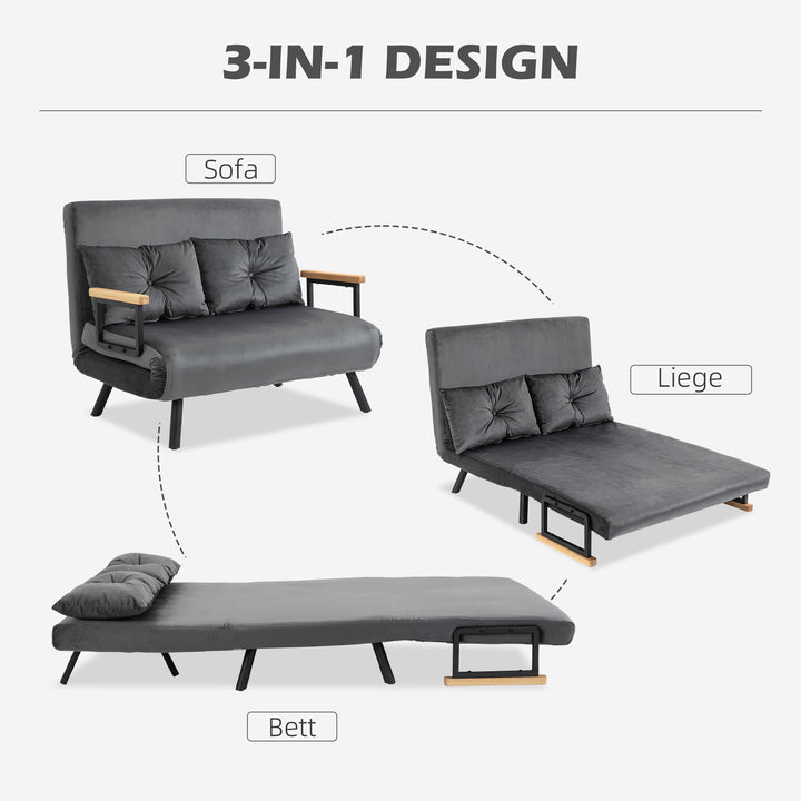2-Personers sovesofa, fløjlsofa, sovefunktion, inklusive 2 puder, fløjlslook, natur + mørkegrå + sort