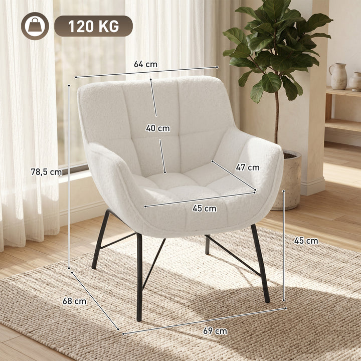 Moderne lænestol, sherpa fleece stol med buet ryglæn, integrerede armlæn, metalben, cremehvid