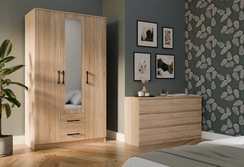 Moderne klædeskab med spejl, Højde: 205 cm Bredde: 120 cm Dybde: 54 cm, naturfarvet