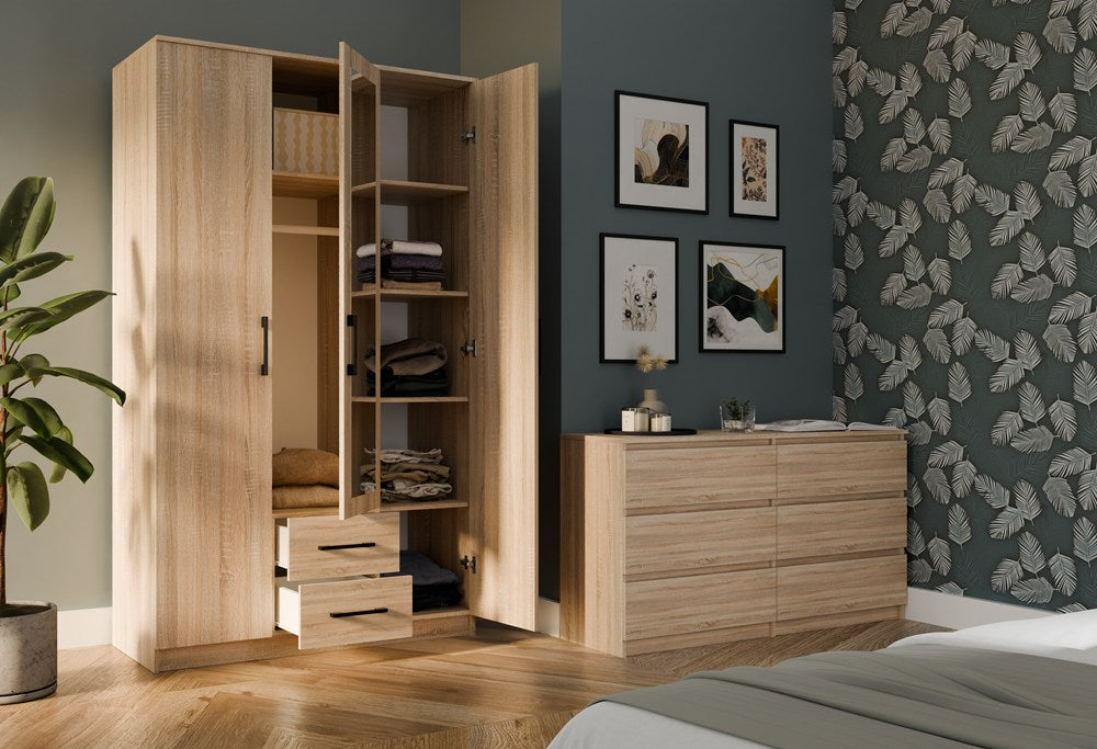 Moderne klædeskab med spejl, Højde: 205 cm Bredde: 120 cm Dybde: 54 cm, naturfarvet