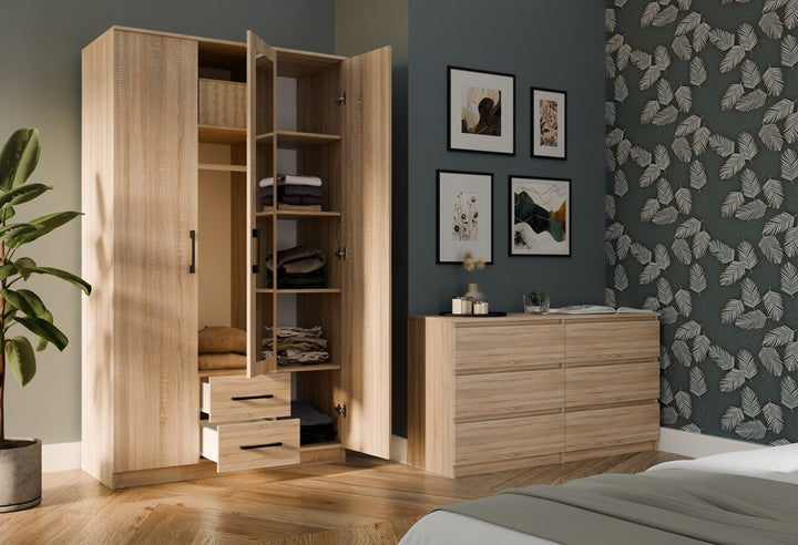 Moderne klædeskab med spejl, Højde: 205 cm Bredde: 120 cm Dybde: 54 cm, naturfarvet