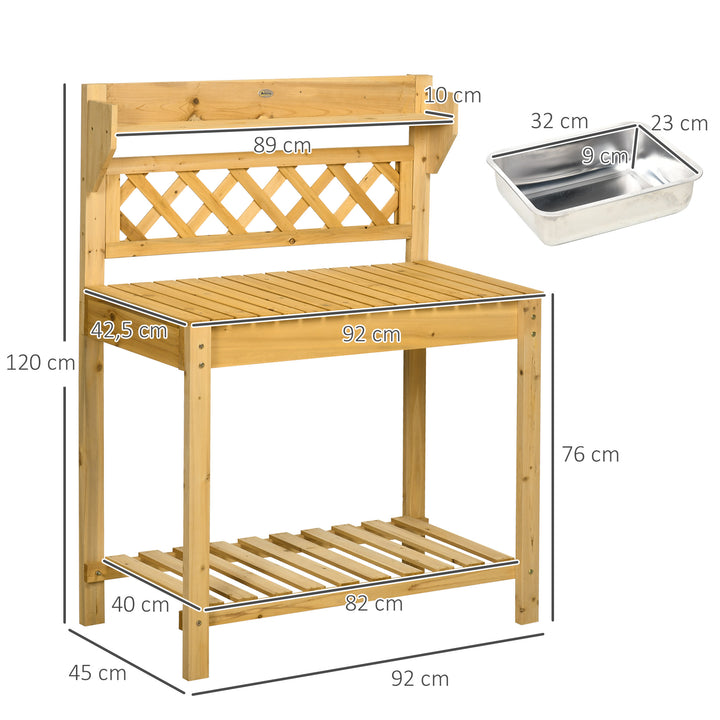 Havearbejdsbord, integreret rustfri stålvask, 2 hylder, massivt træ, brunt, 92 x 45 x 120 cm