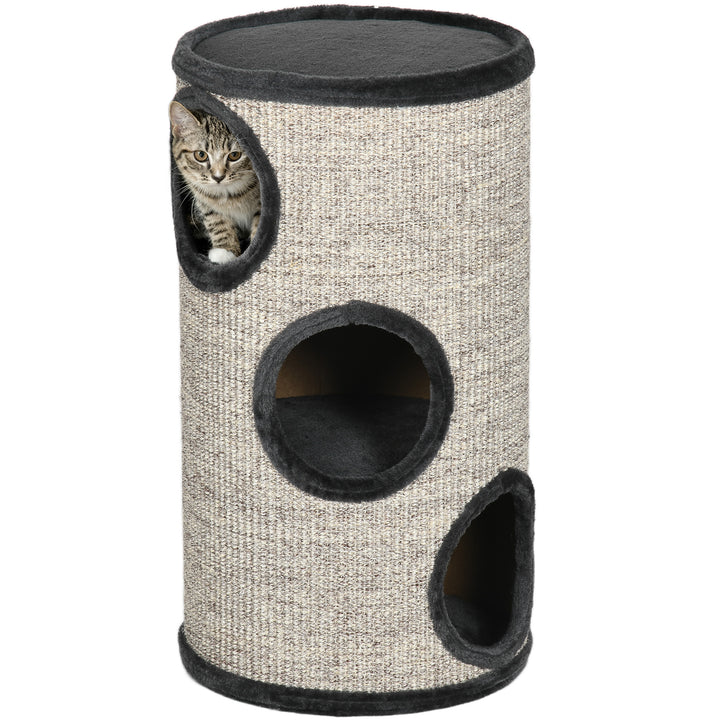 3-Etagers kradsetønde til katte med sisalreb, kradseflade, 38 cm x 38 cm x 70 cm, grå
