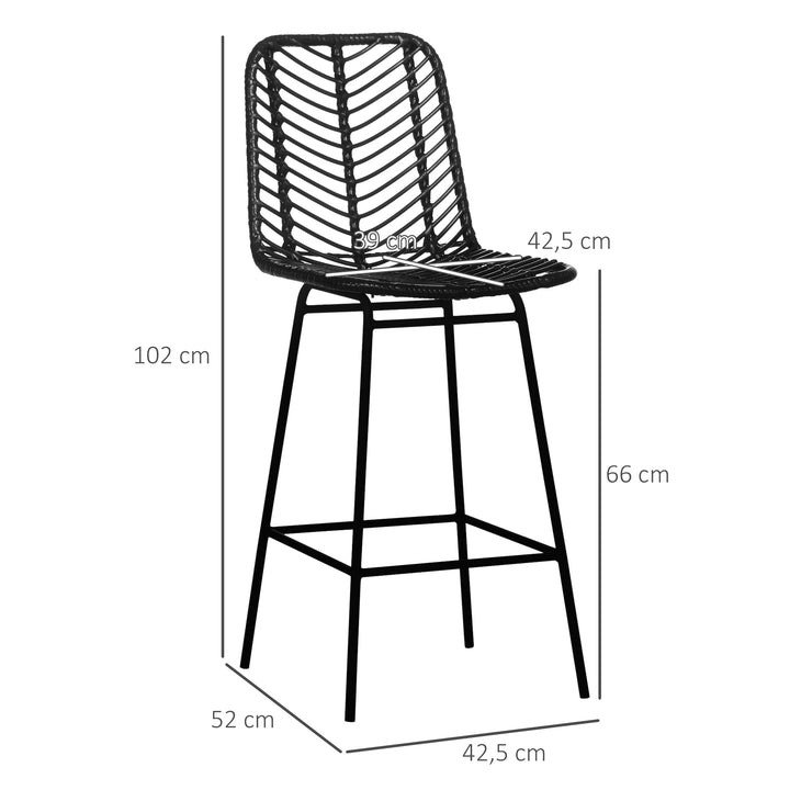 Barstole, sæt med 2, rattan look, fodstøtte, stålstel, skridsikker, op til 120 kg, 42,5 x 52 x 102 cm, sort