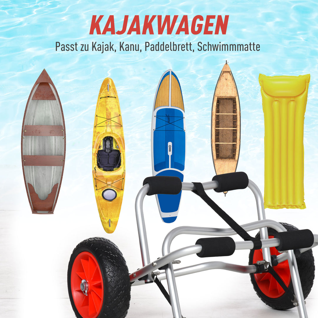 Aluminium kanovogn, kajakvogn, surfvogn, foldbar med rem, kunstlæderhjul, sølv, op til 75 kg, 68 x 44,5 x 40 cm