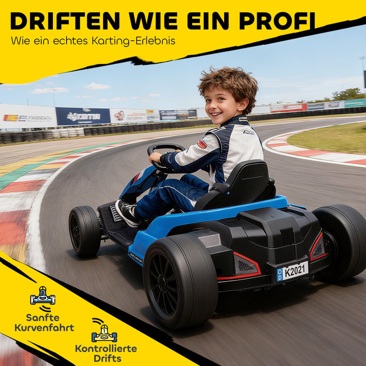 24V elektrisk gokart, drifttilstand, justerbart sæde, 5-punktssele, musikfunktion, 6-12 år, blå