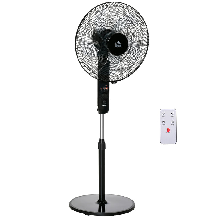 Sokkelventilator med fjernbetjening, højdejusterbar ventilator, 70° oscillerende ventilator, 3 hastighedsindstillinger, justerbar hældningsvinkel, 7,5 timer, Ø44,5 x 110-124 cm, sort