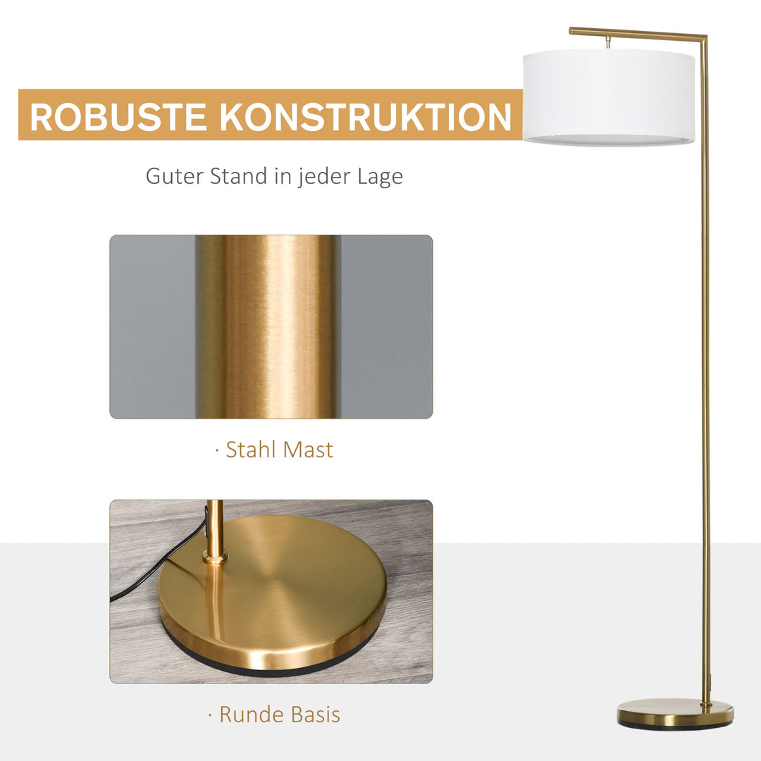 Gulvlampe, gulvlampe, e27-fatning, guldlook, hvid stofskærm, fodkontakt, stål, 47 x 37 x 153 cm