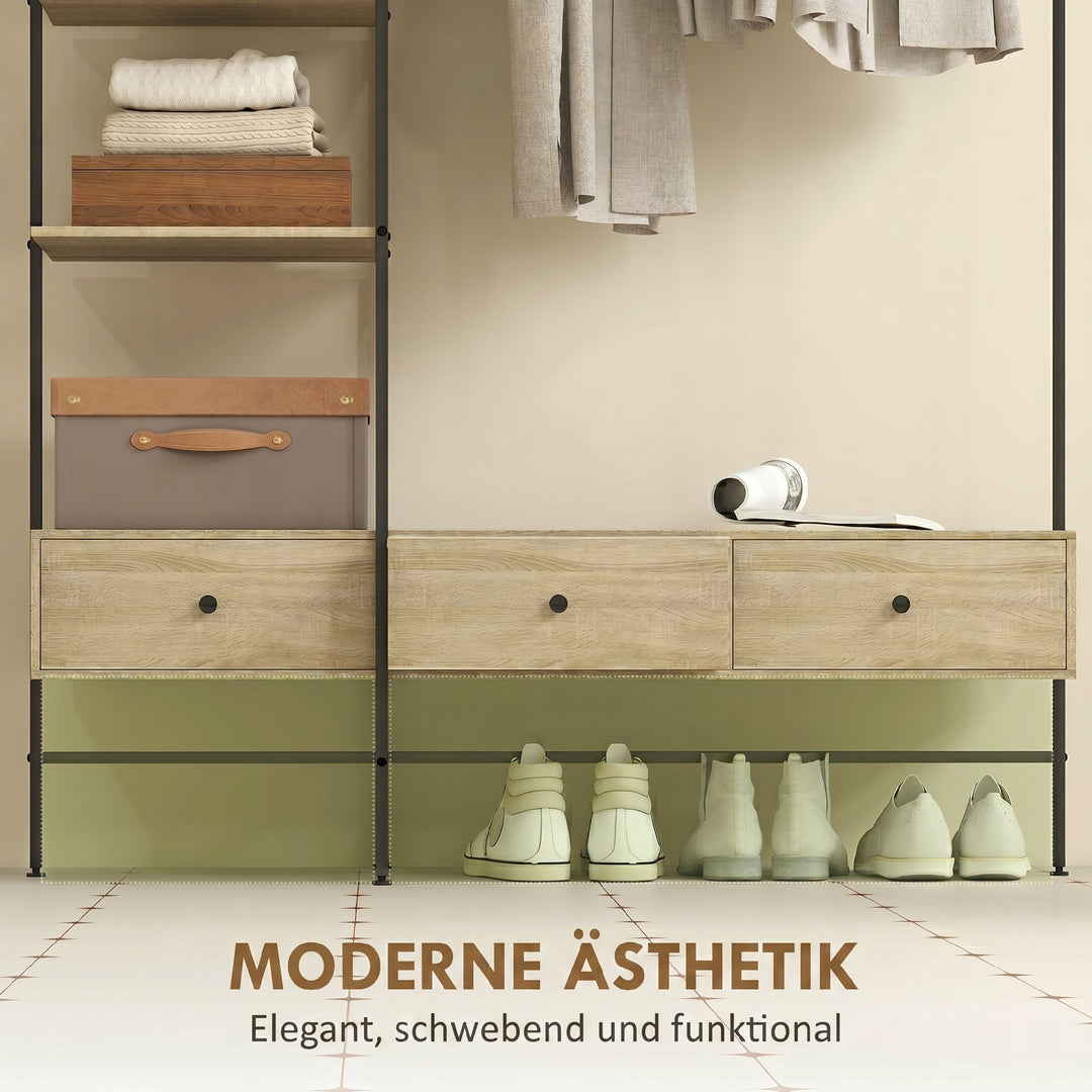 Knagerække med hylder, skuffer og garderobestang, 180 cm fritstående garderobestativ i moderne stil, metalramme, egetræ
