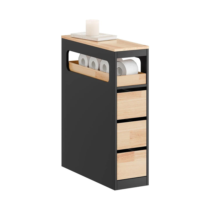 Smalt badeværelsesskab med 3 skuffer, pladsbesparende rullevogn på hjul, velegnet til badeværelse, toilet og køkkenopbevaring, 65x23x82 cm, sort