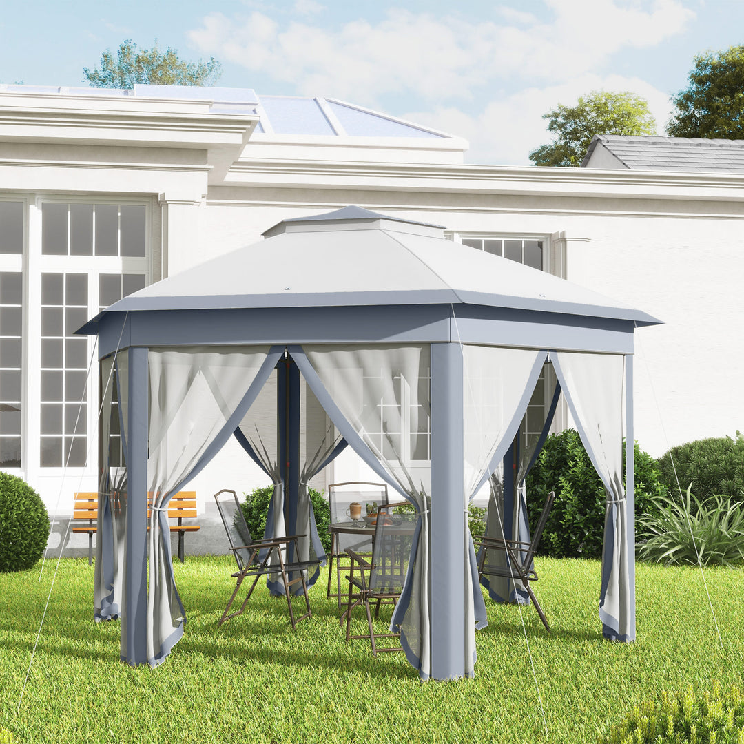 Foldbart pavillon 4 x 4m sekskantet design, netgardiner, vandafvisende, ventileret tag til grill, grå og hvid