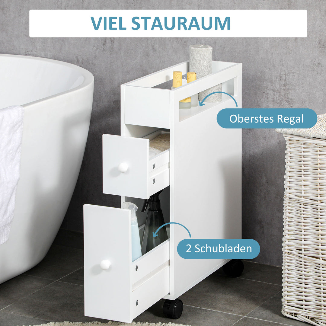 Niche-vogn badeværelsesskab rulleskab, slankt design, to skuffer, fire hjul, hvid, 16 x 49,5 x 66 cm
