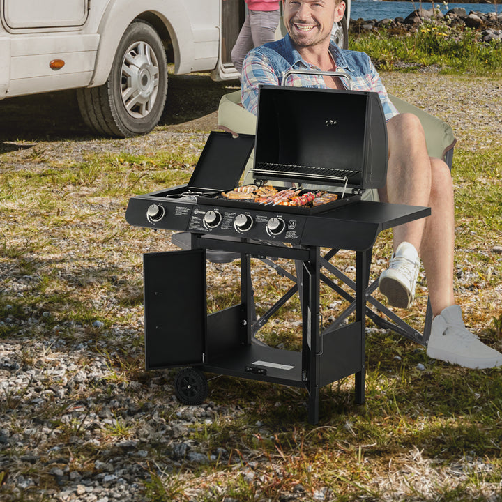 Gasgrill med 3 hovedbrændere + 1 sidebrænder, opbevaringshylde, rustfrit stål, sort, 110 x 50 x 100 cm