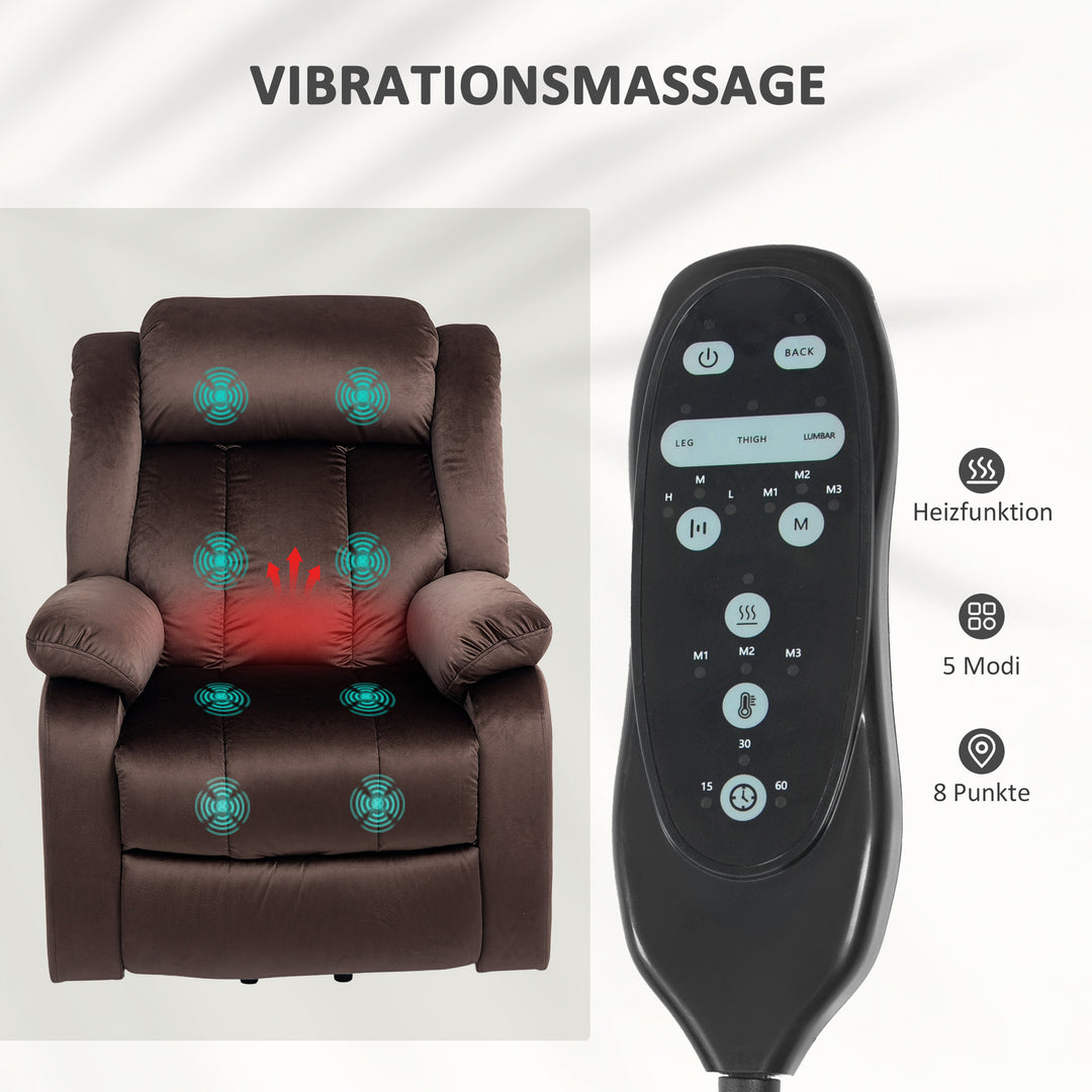 Løftestol med massagefunktion og lændevarme, lænestol med fjernbetjening og sidelommer, brun