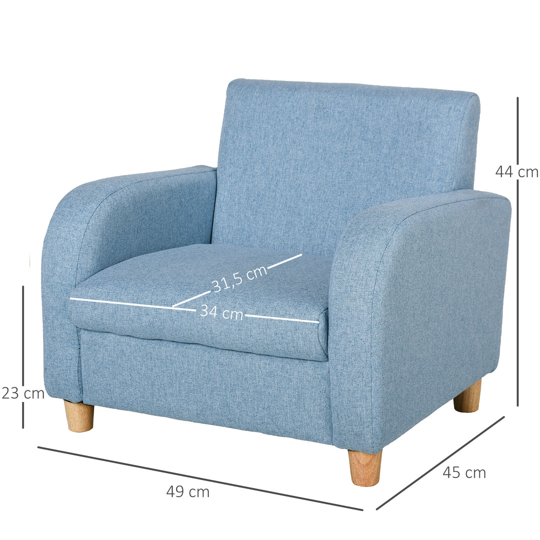 Børnelænestol/sofa med linnedlook, ben i massivt træ, skumpude, børnestol til børneværelse/legerum, 49 x 45 x 44 cm, til børn 3-5 år, blå