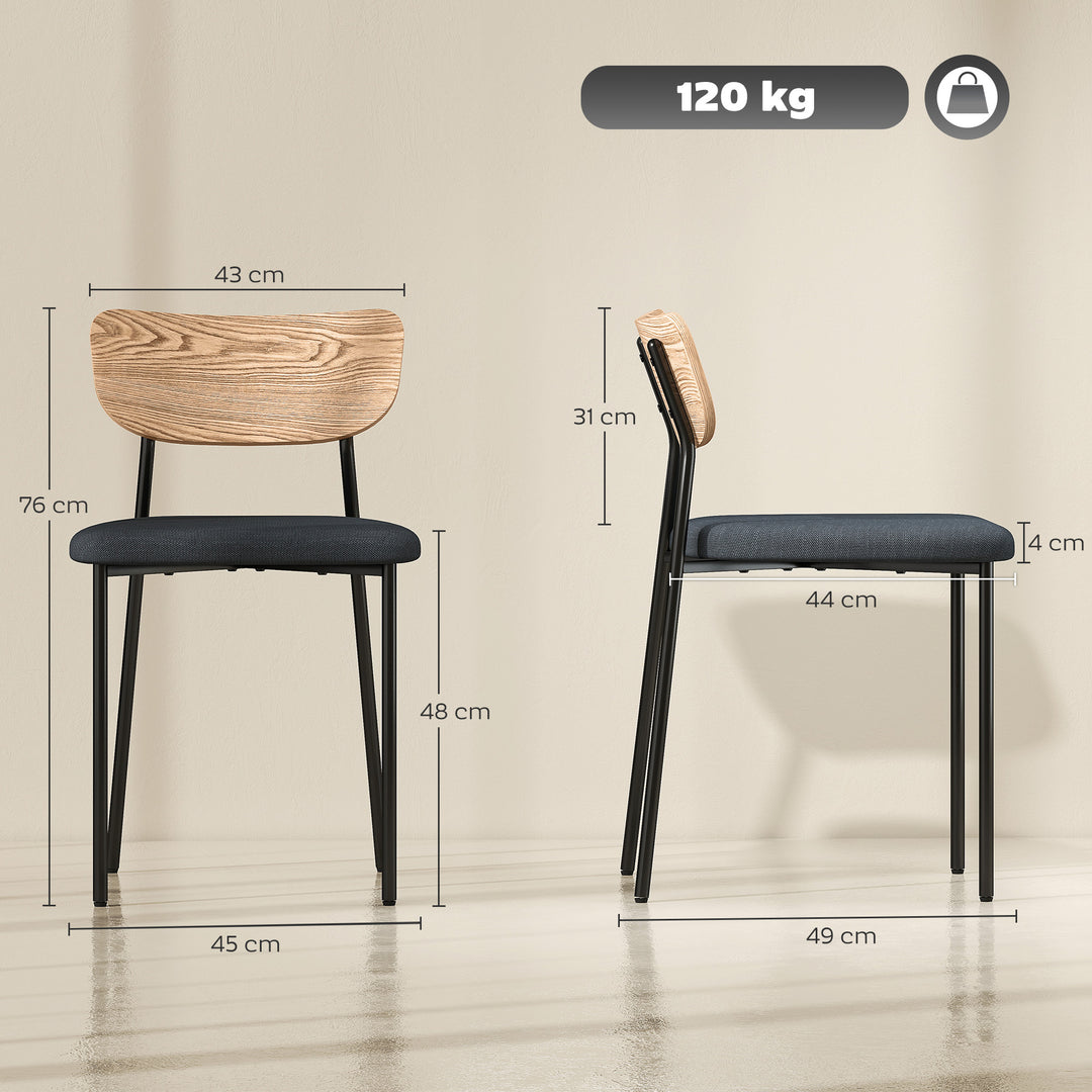 Sæt med 2 spisestole, linnedlook, armløs design, metalben, grå