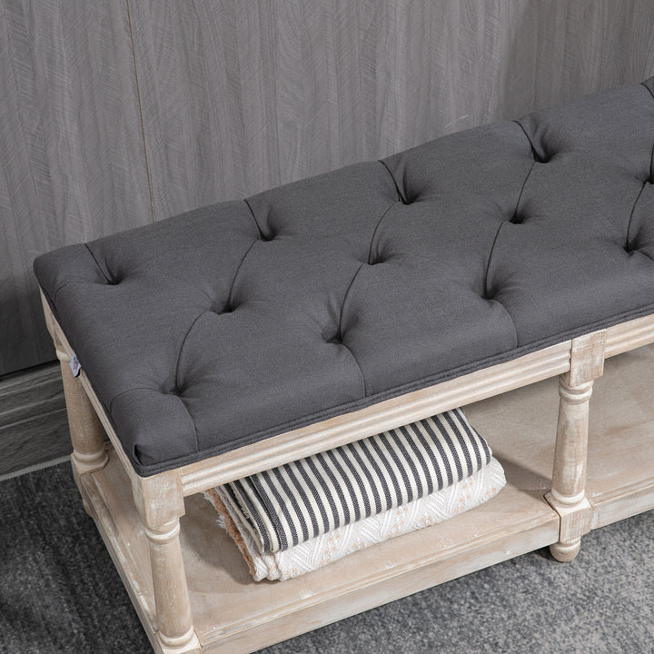 Vintage design opbevaringsbænk med knapper, gummitræ, 115x40x48cm, grå